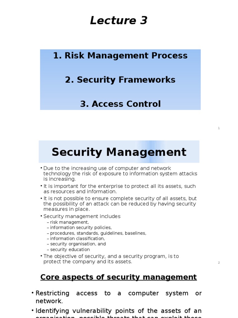 Risk Management Process 2. Security Frameworks 3. Access Control | PDF ...