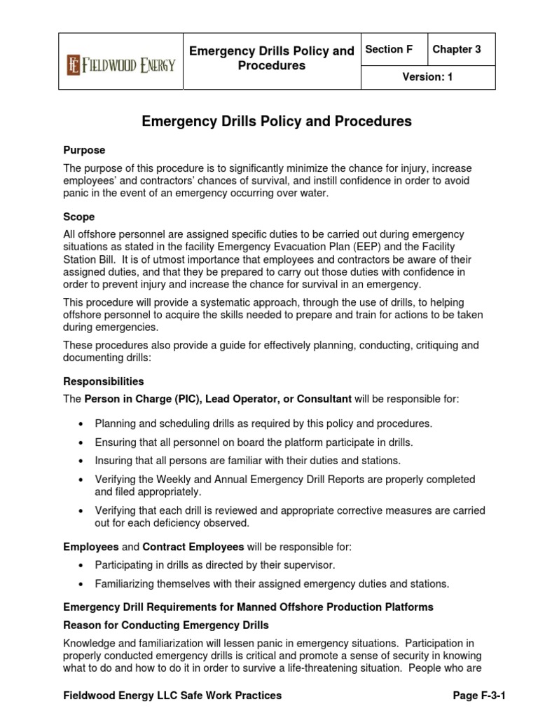 V1 FWE SWP F03 Emergency Drill Procedures Emergency Management
