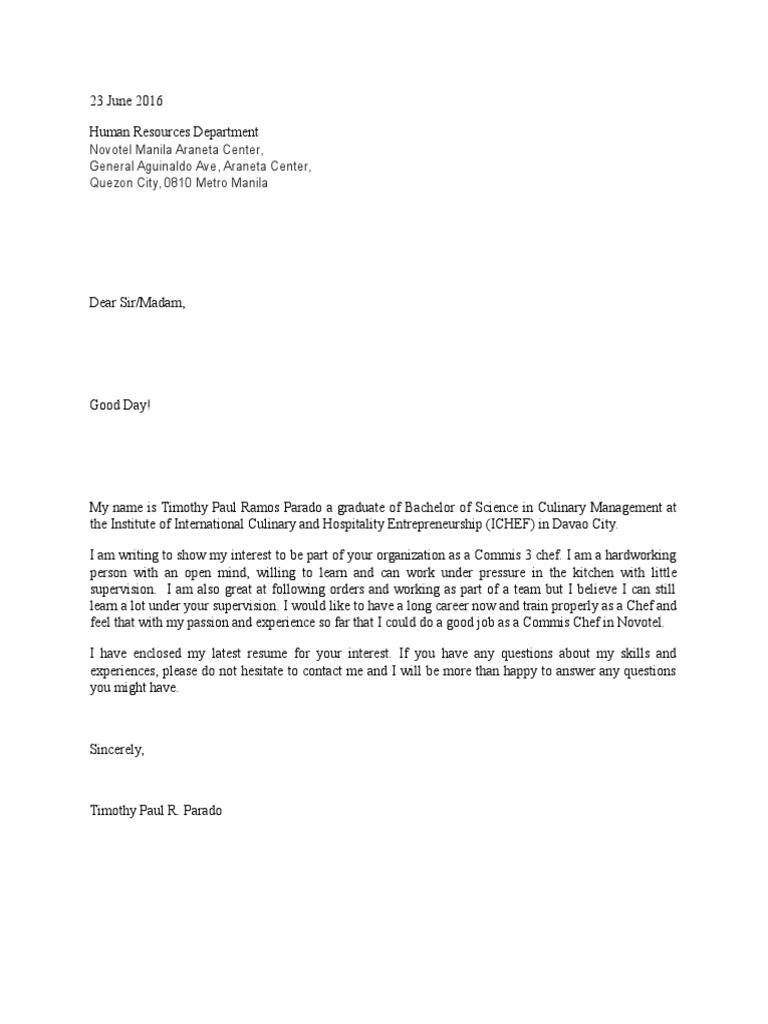 Application Letter Pdf Chef Metro Manila