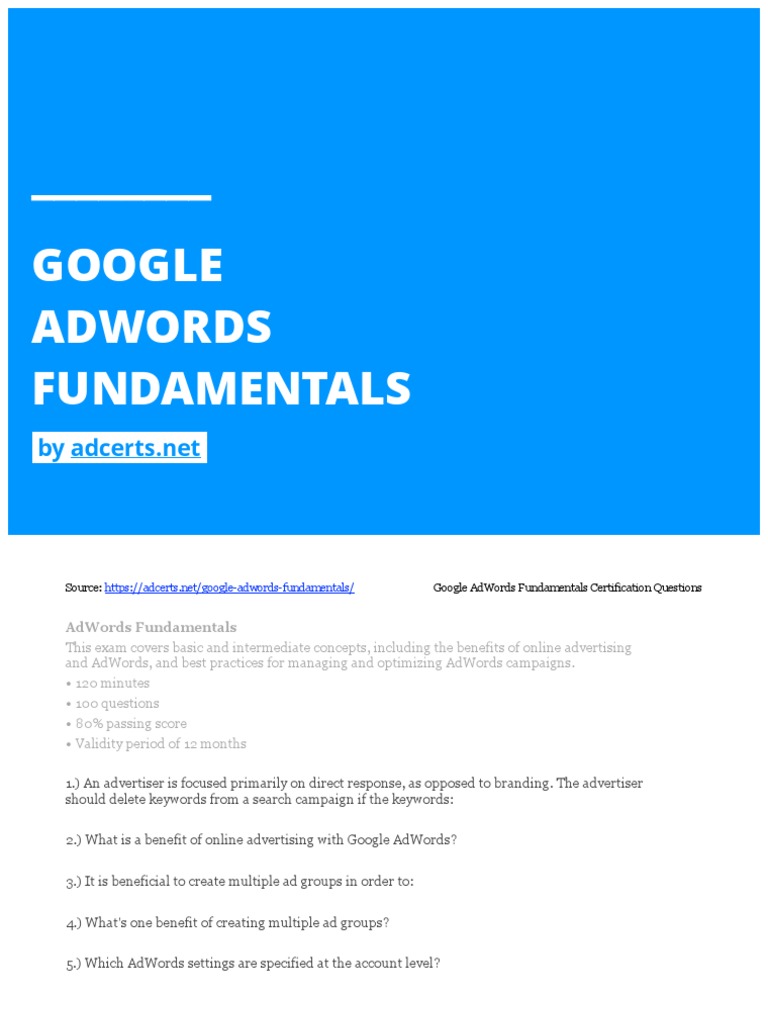 Google Adwords Fundamentals Exam by AdCerts | PDF | Ad Words | Advertising