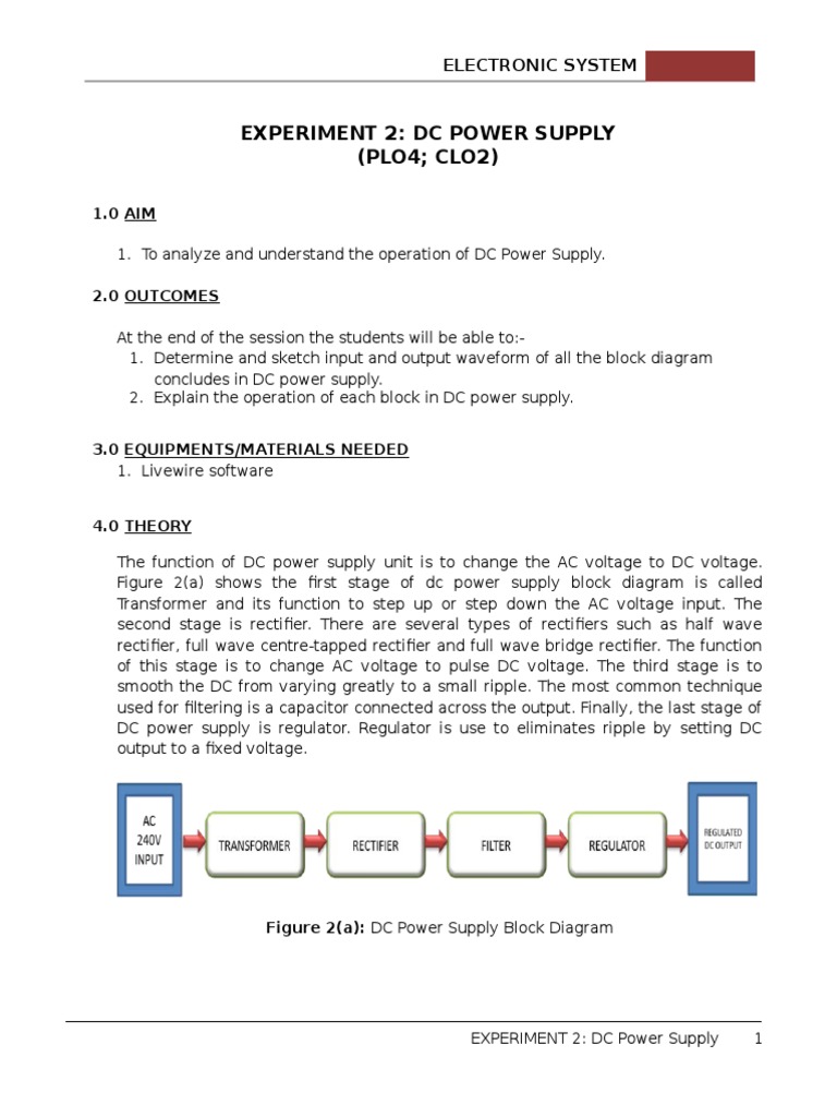 DC Power Supply Operation and Experiment | PDF | Rectifier | Power Supply