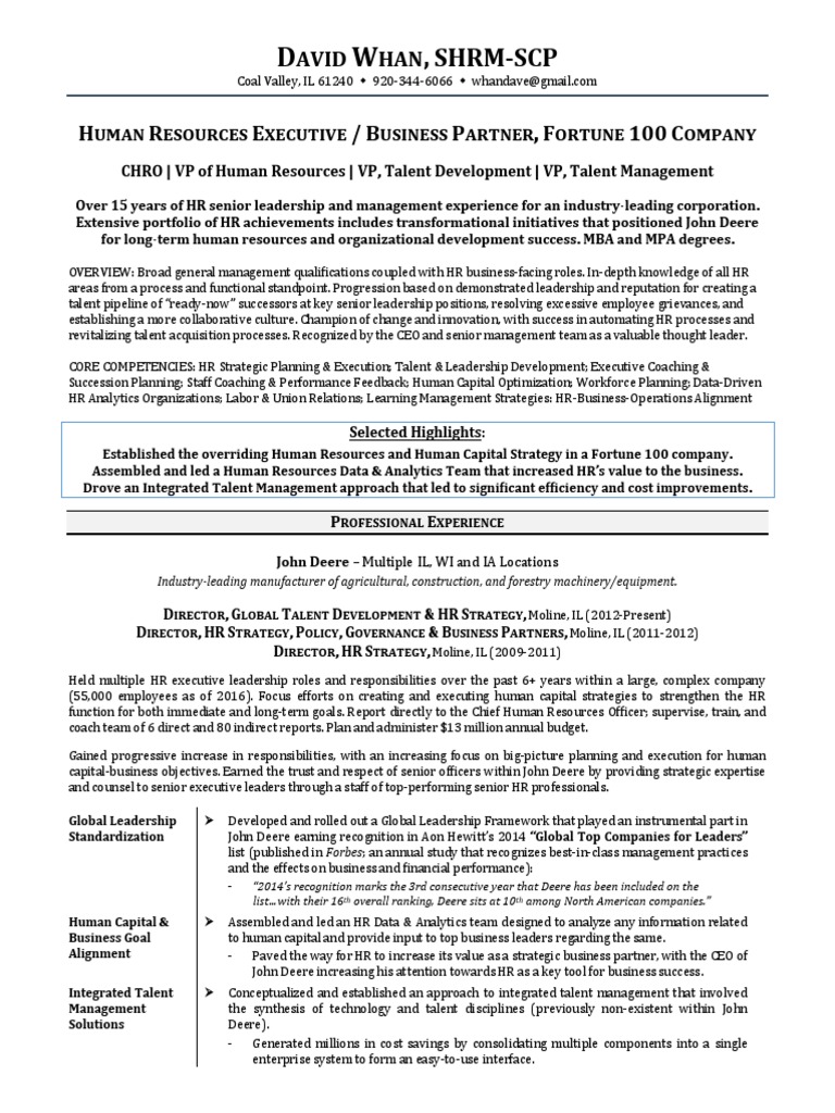 CHRO Global VP HR in Chicago IL Resume David Whan | Human Resource