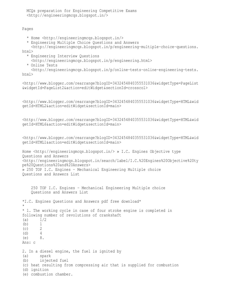 250 TOP I.C. Engines Mechanical Engineering Multiple Choice Questions