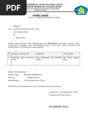Surat Tugas Guru Paud Tk Kb