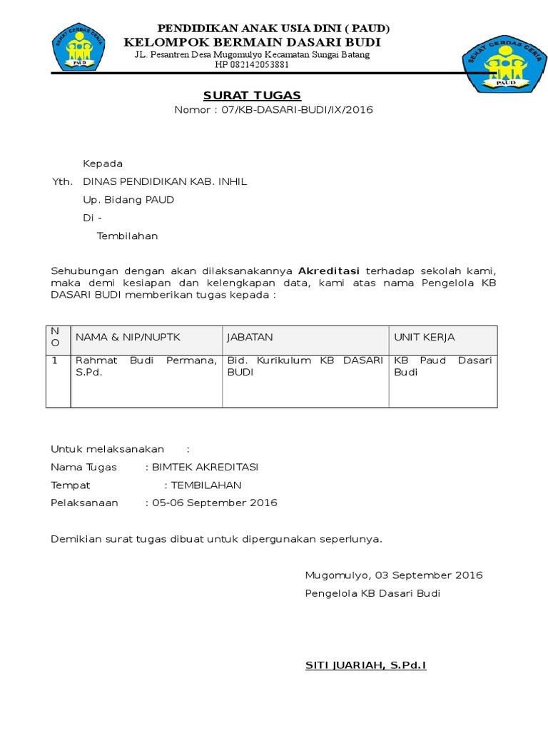 Surat Tugas Guru Paud Tk Kb Pdf