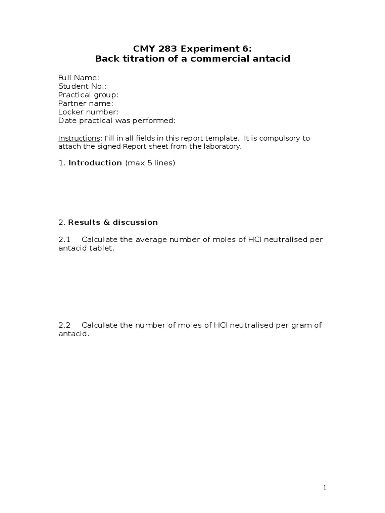 2015 CMY 283 Experiment 6 Back Titration Report Template Forbes PDF
