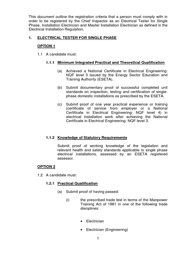 Master Electrician Registration Criteria | PDF | Electrician | Safety