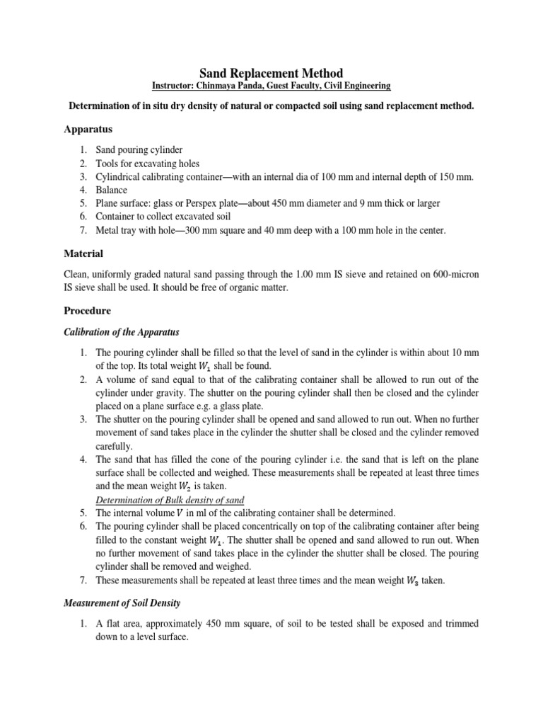 Sand Replacement Method for Soil Density | PDF | Density | Sand
