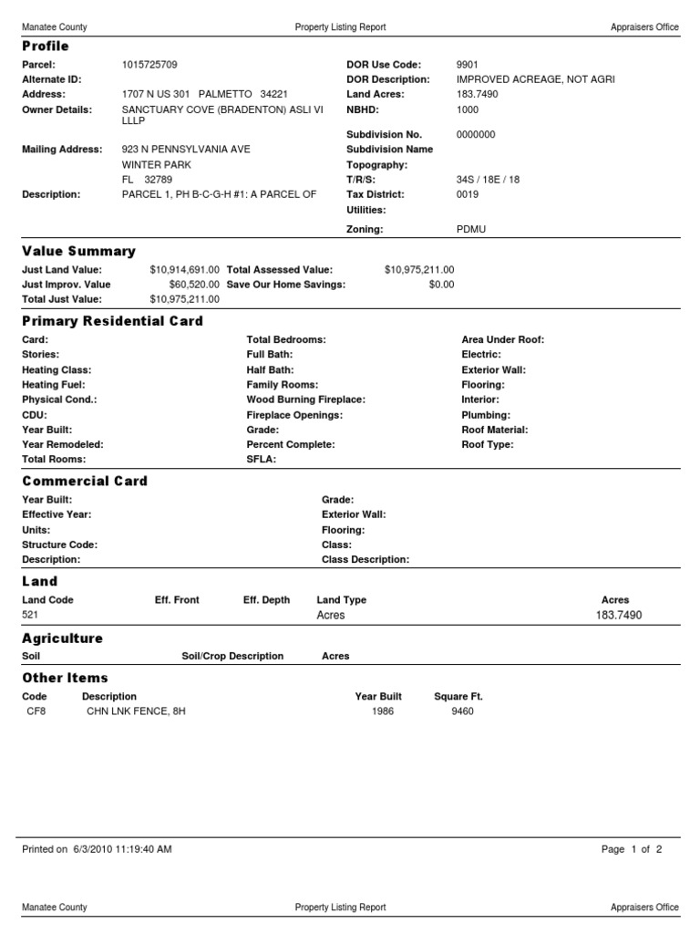 Profile Manatee County Appraisers Office Property Listing Report PDF