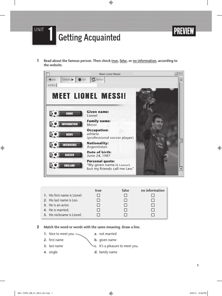 Top Notch 3e Workbook Level1 Unit1 PDF PDF Linguistics Languages