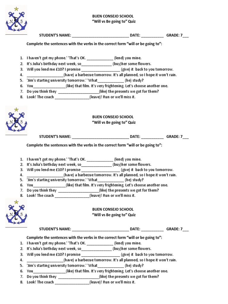 Will Vs Be Going To Quiz Pdf