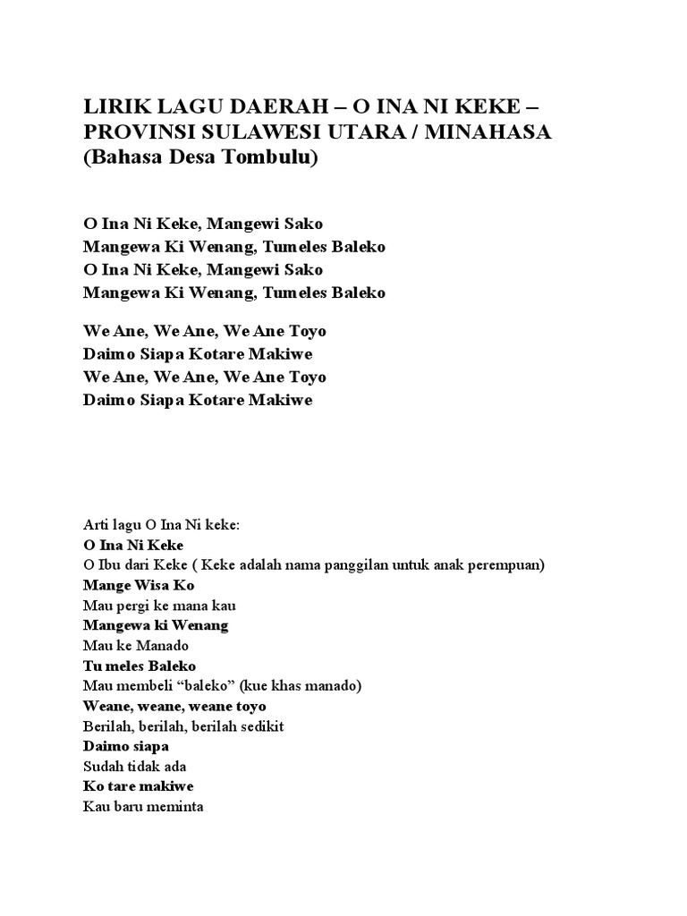 Lirik Lagu Daerah O Ina Ni Keke Pdf