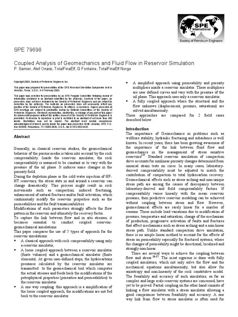 SPE 79698 Coupled Analysis of Geomechanics and Fluid Flow in Reservoir ...
