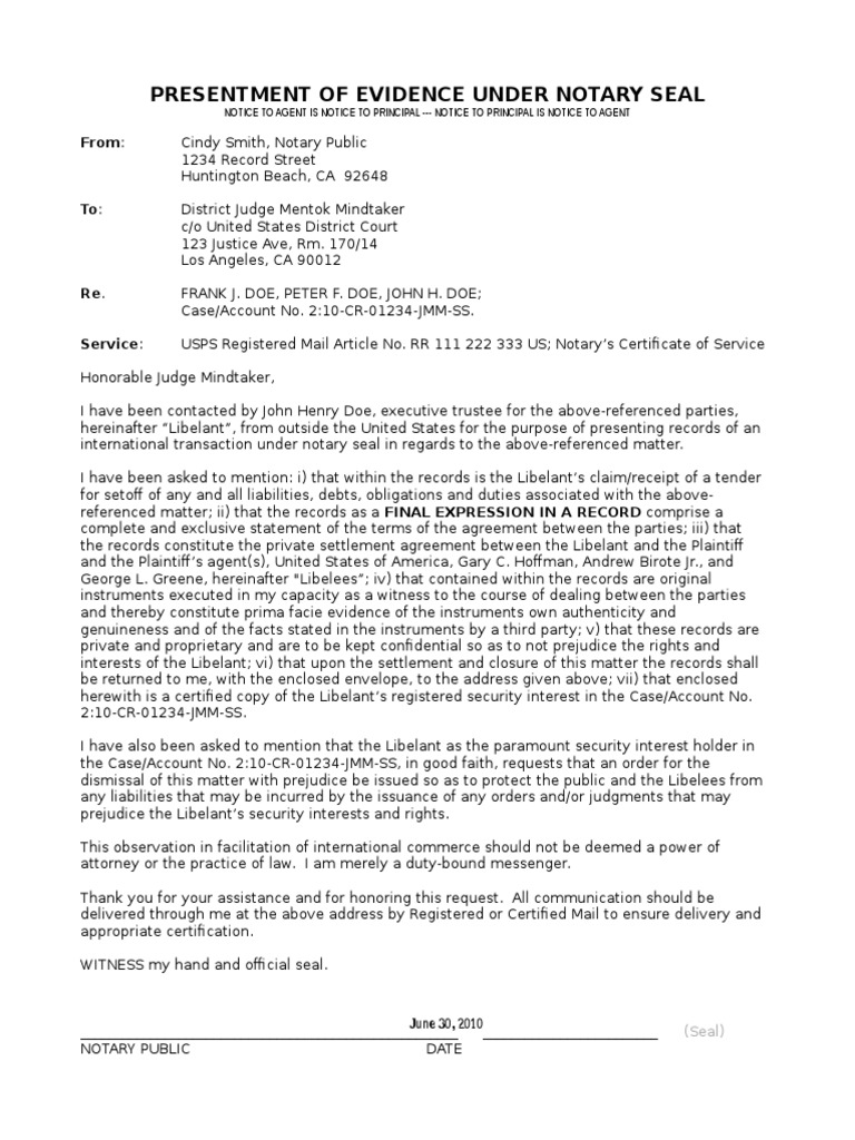 Presentment of Evidence Under Notary Seal: From | PDF | Security ...