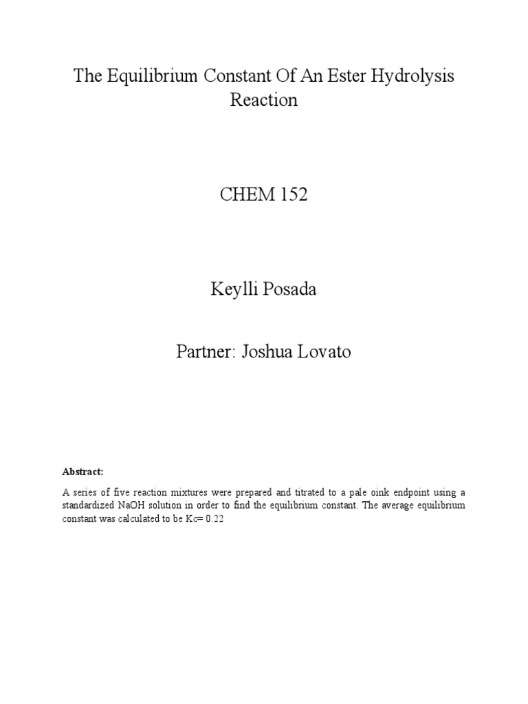 The Equilibrium Constant of An Ester Hydrolysis Reaction Lab Report