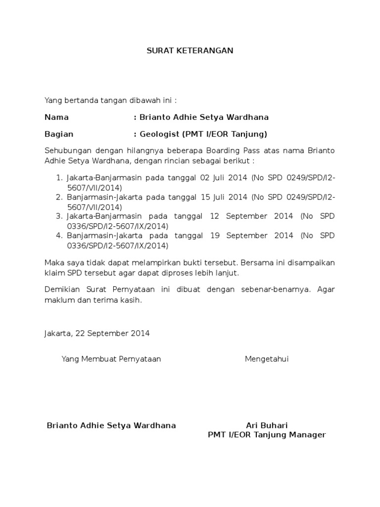 Contoh Surat Pernyataan Hilang Boarding Pass Ricko Pdf