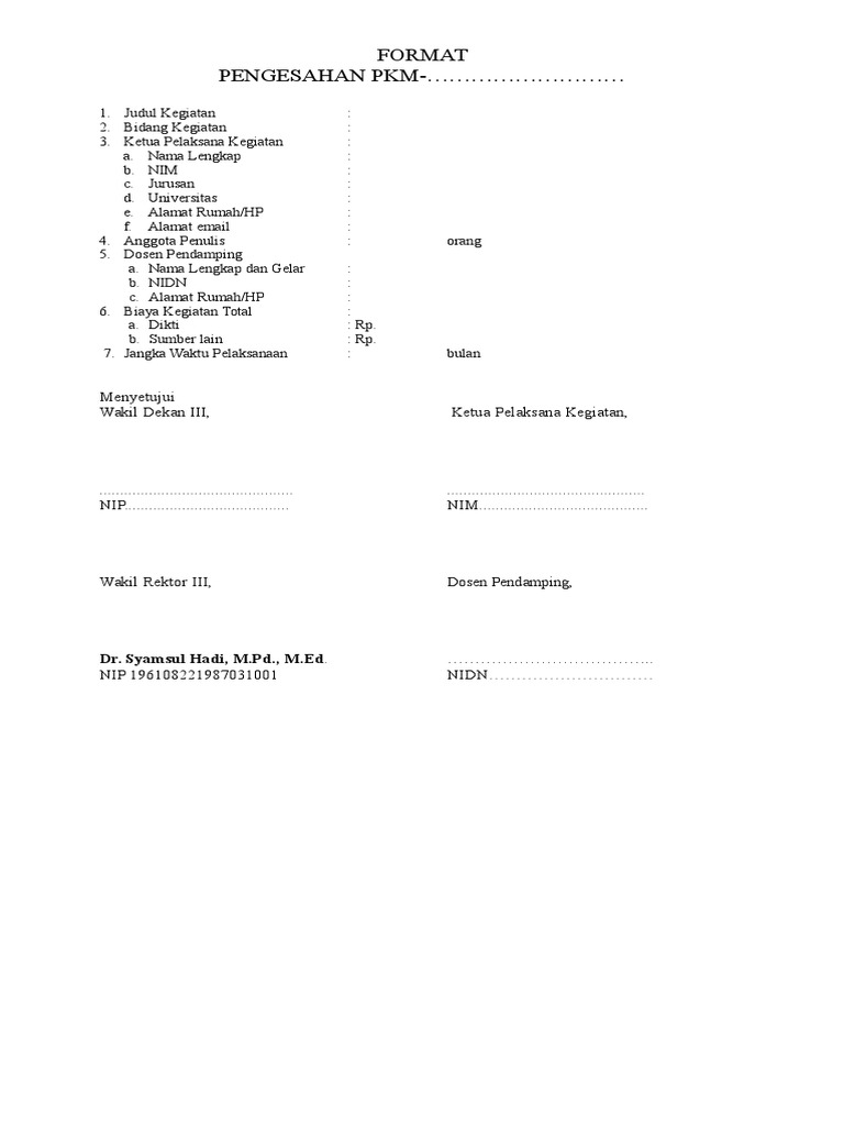 Format Lembar Pengesahan Pkm 5 Bidang Pengajuan 2016