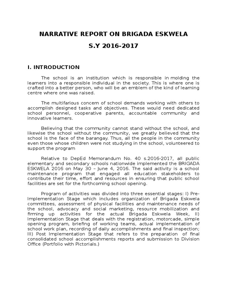 Narrative Report On Brigada Eskwela Final Pdf Public Sphere Schools