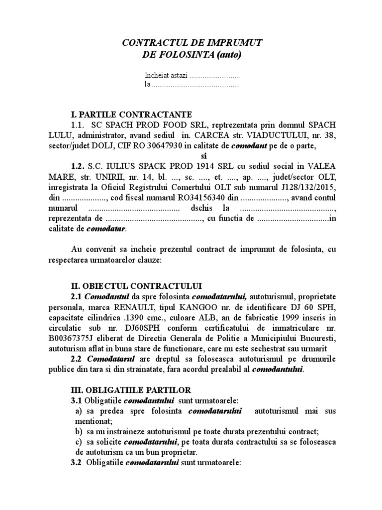 Contract de Comodat Auto | PDF