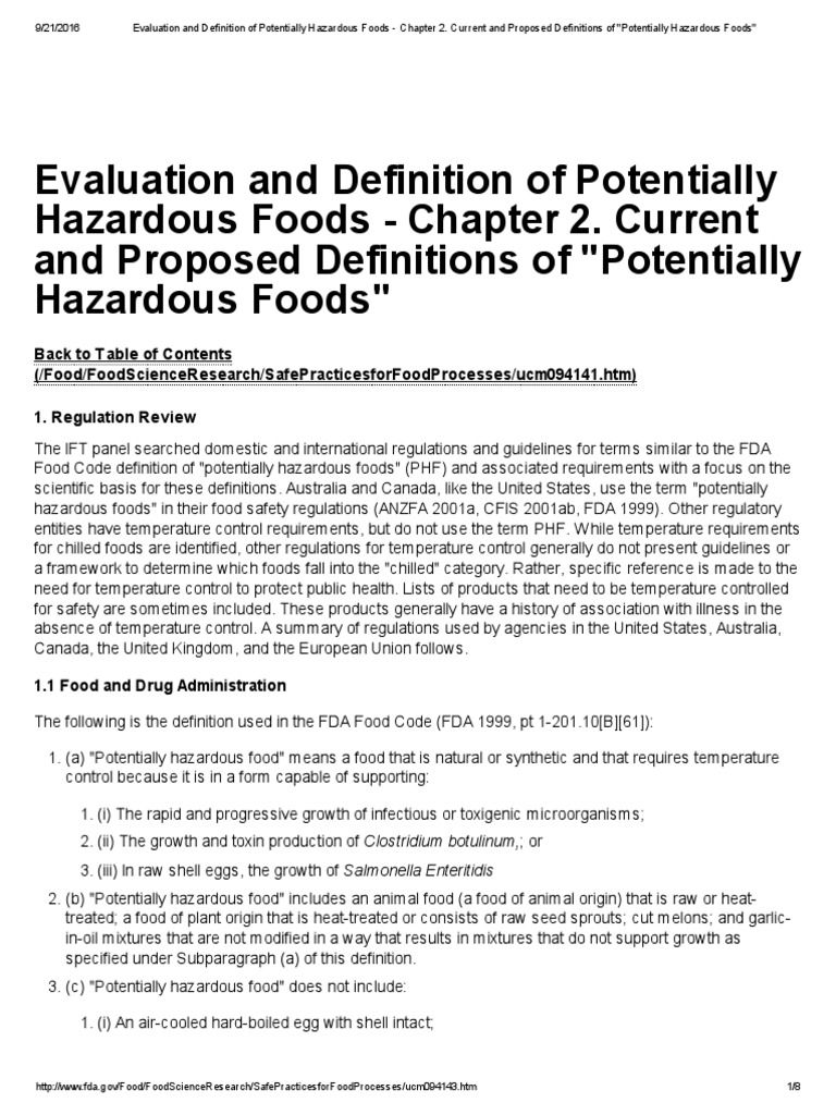Evaluation and Definition of Potentially Hazardous Foods Chapter 2