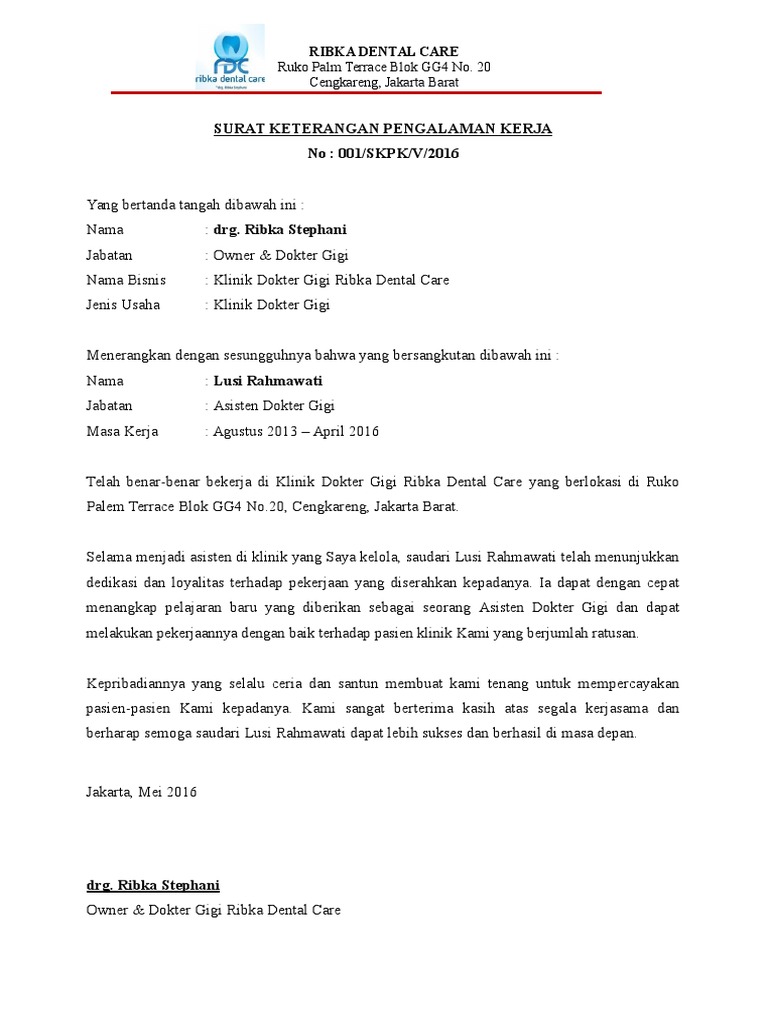 Contoh Surat Pengalaman Kerja Di Klinik