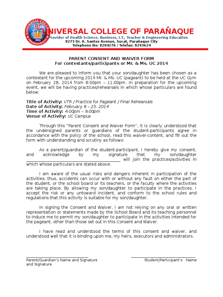 Parent Consent and Waiver for Pageant | PDF