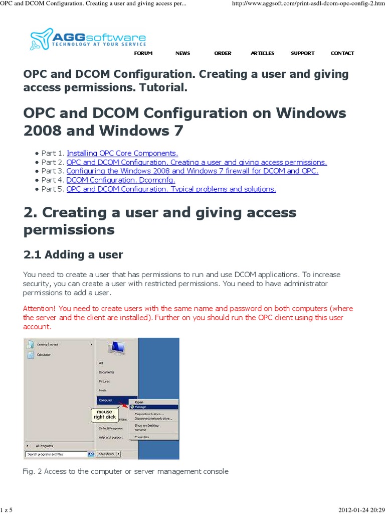 Opc and dcom configuration creating a user and giving access