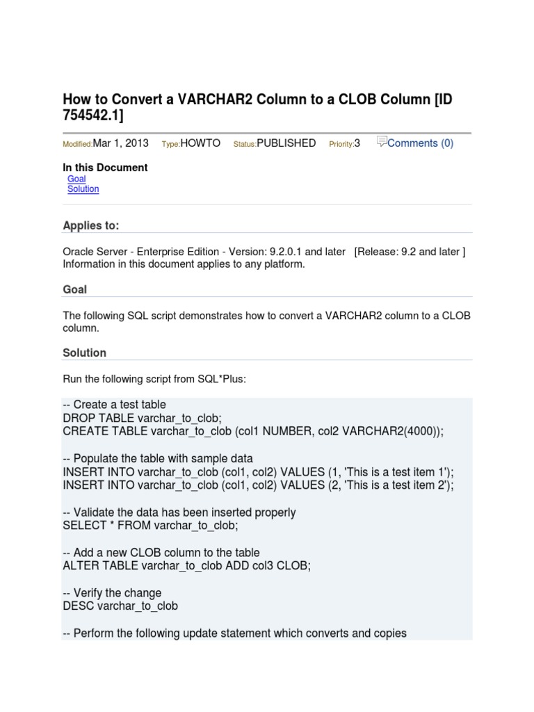 How to convert a varchar2 column to a clob column pdf pdf table