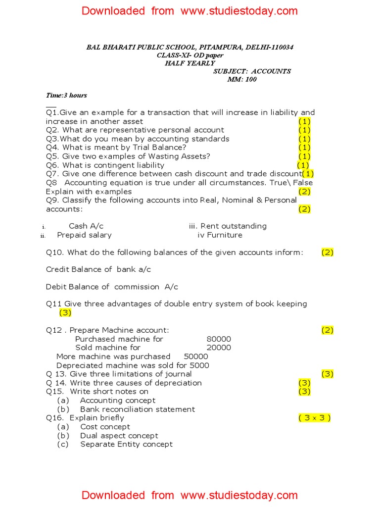 Class XI Accounts Half Yearly Exam Paper | PDF | Debits And Credits | Banks