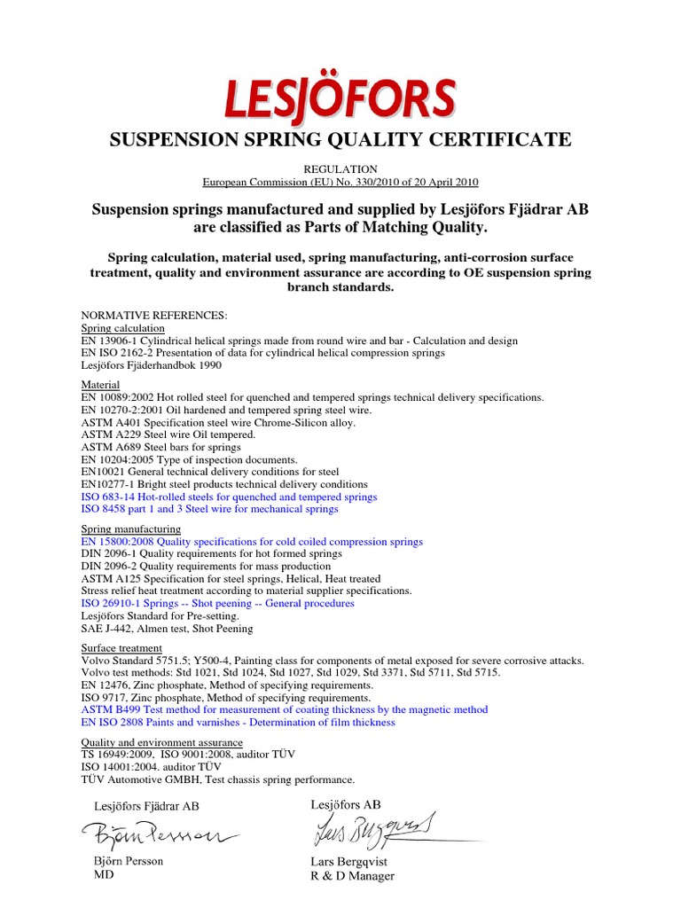 Suspension Spring Quality Certificate PDF