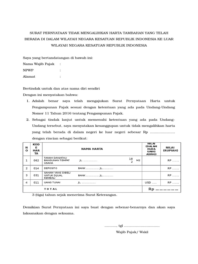 Tax Amnesty__Contoh Surat Pernyataan Tidak Mengalihkan