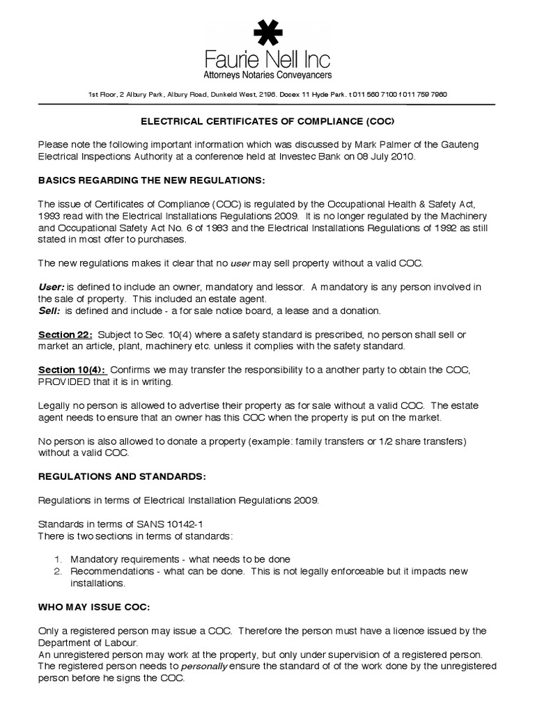 Electrical Certificate of Compliance Regulatory Compliance Safety
