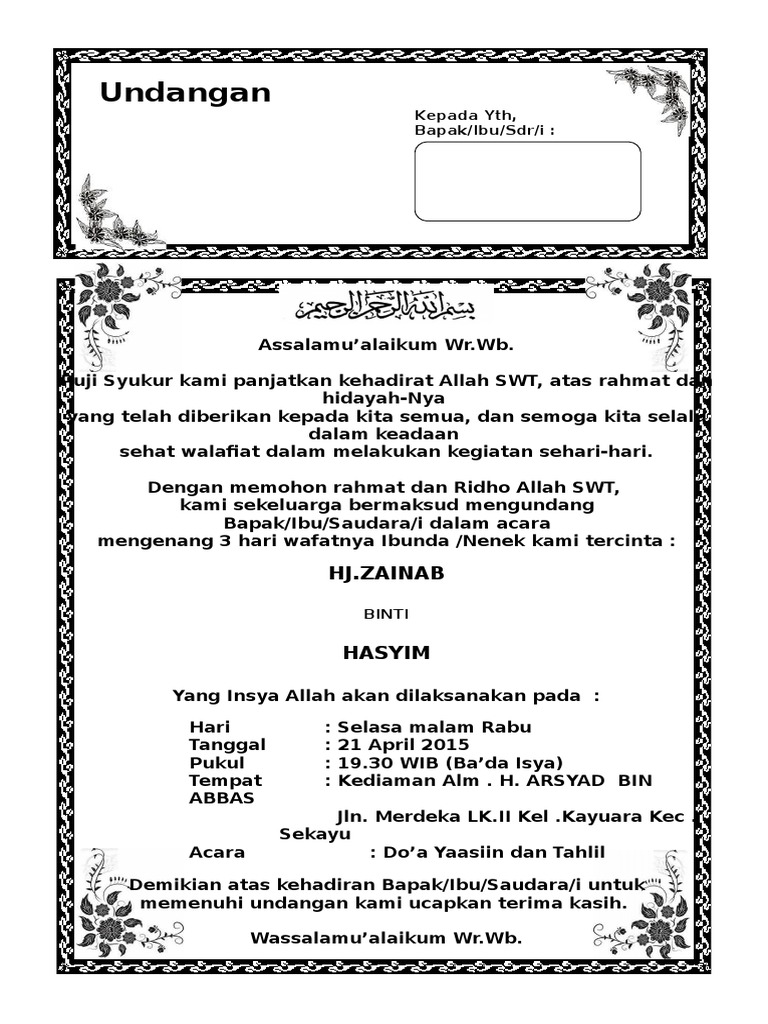 Contoh Surat Undangan Tahlil 40 100 1000 Hari Haul