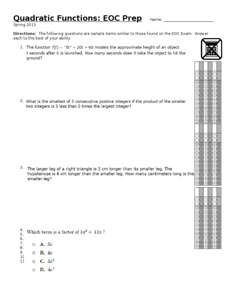 Quadratic Functions EOC Exam Prep | PDF
