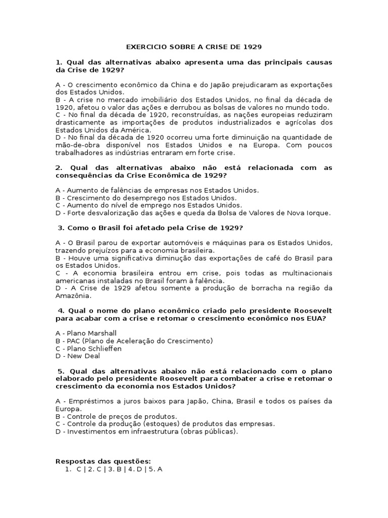 Exercícios sobre a Crise de 1929 | PDF | A Grande Depressão | Crédito