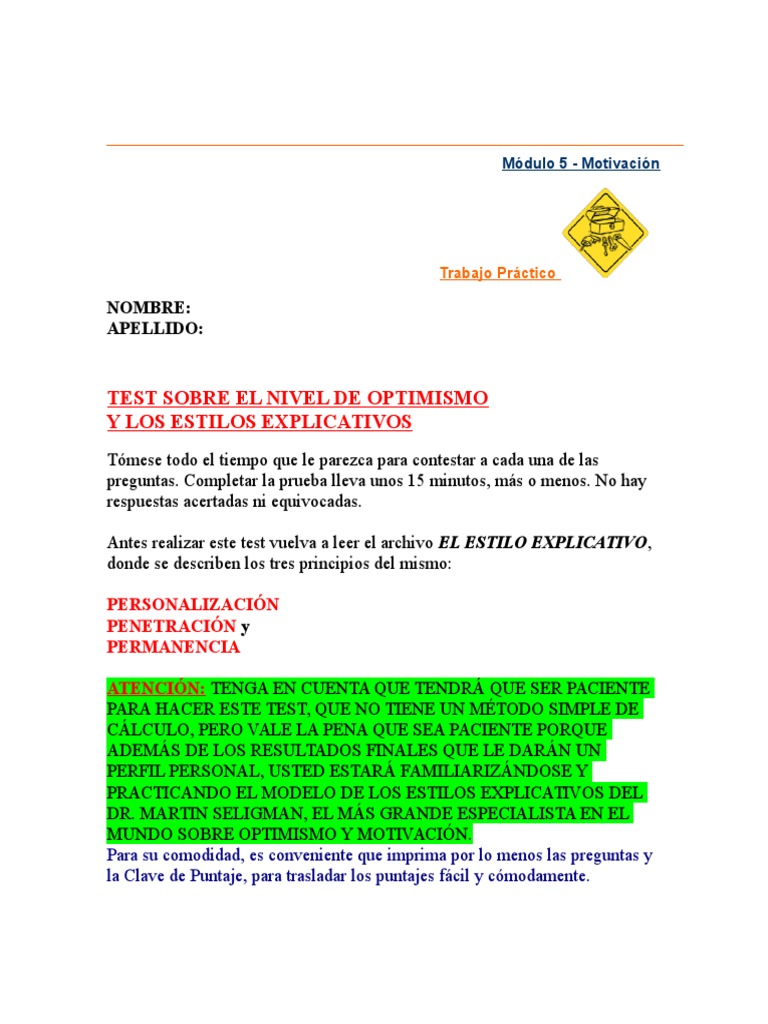Test de Optimismo y Estilos Explicativos | PDF | Sicología