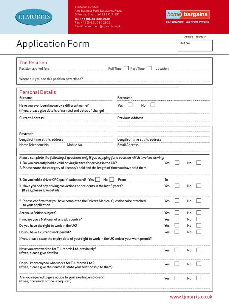 Application Form for Home Bargains Employment Government