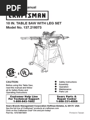 Craftsman 21807 Table Saw
