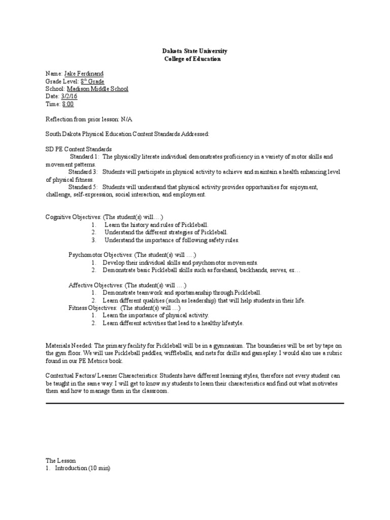 Pickleball Lesson Plan PDF Differentiated Instruction Physical Education