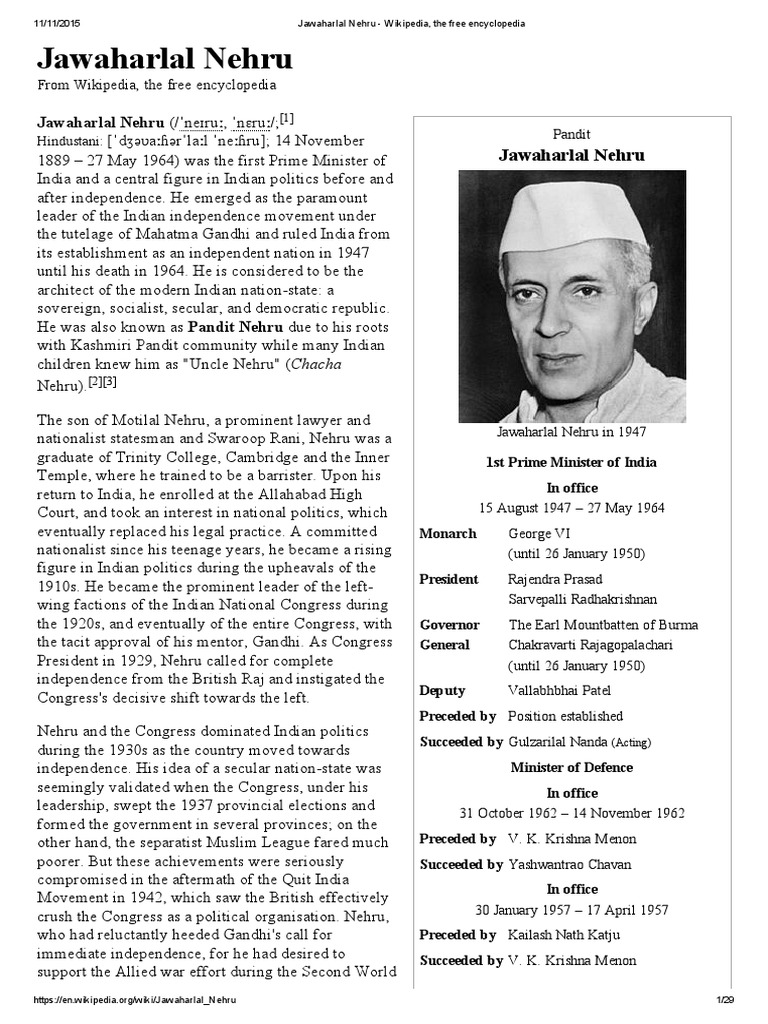 jawaharlal nehru biography in english