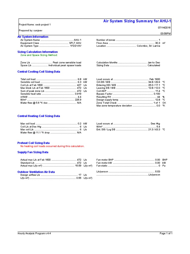 Air System Sizing Summary For AHU-1 | PDF