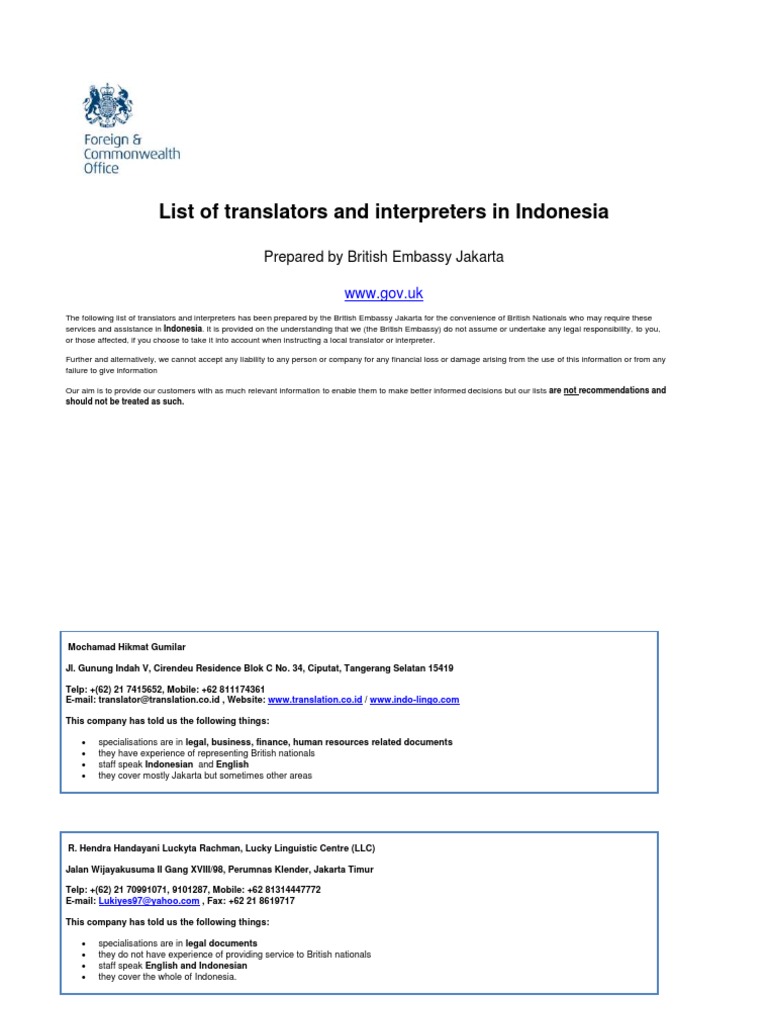 List Of Translators And Interpreters In Indonesia Pdf Jakarta