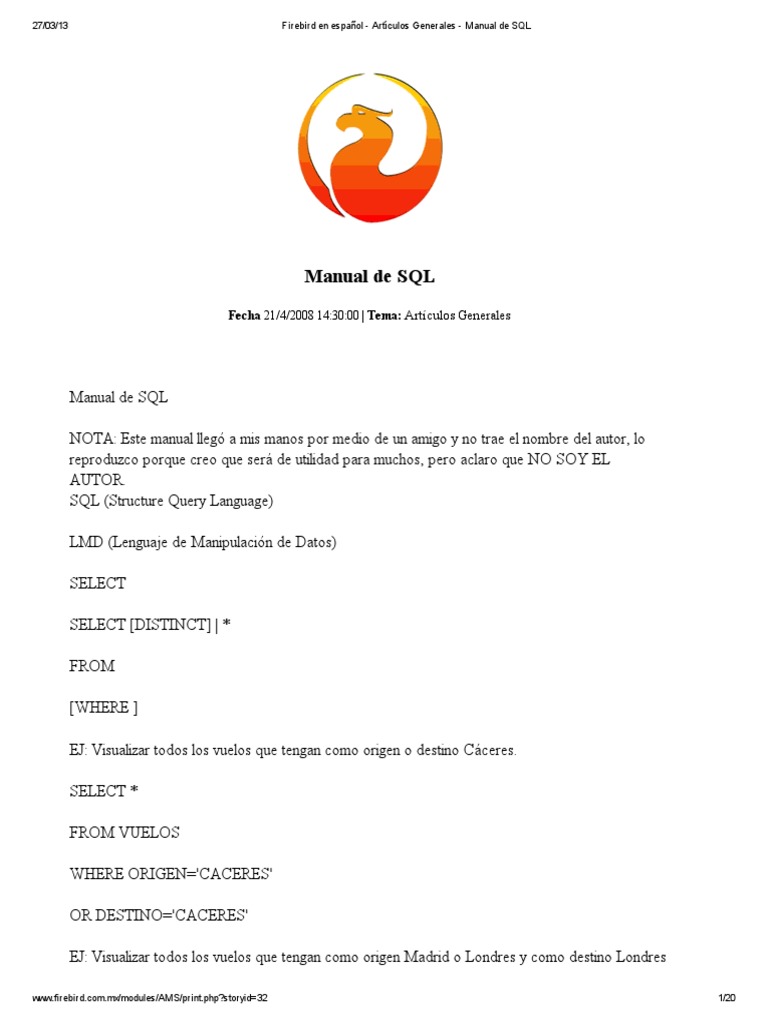 Manual SQL para Firebird en Español | PDF | SQL | Modelado científico