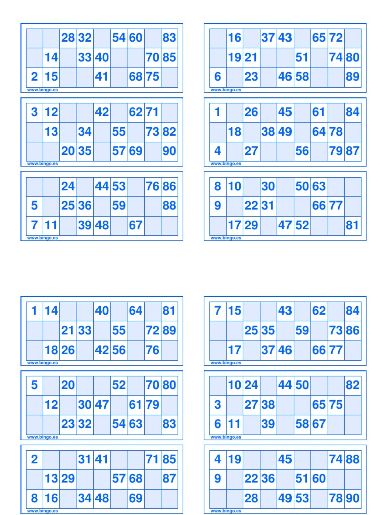  400 cartones de bingo 90: Este juego de cartones incluye 400  cartones de papel con 27 cuadros en los que hay 15 números. Todos los  cartones tienen una  aleatoria diferente. (