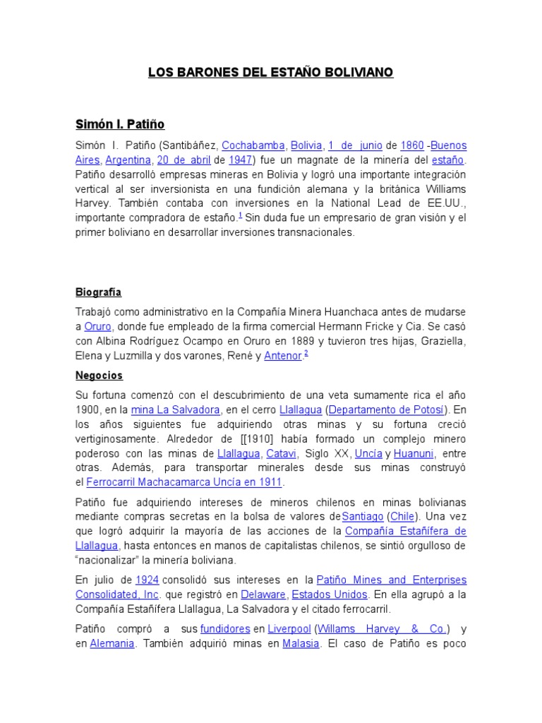 Influencia de los Barones del Estaño en Bolivia | PDF | Metal y mineral ...