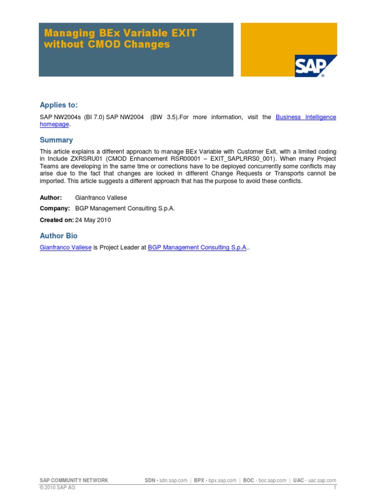 Manage BEx Variable EXIT Without CMOD Changes PDF | PDF