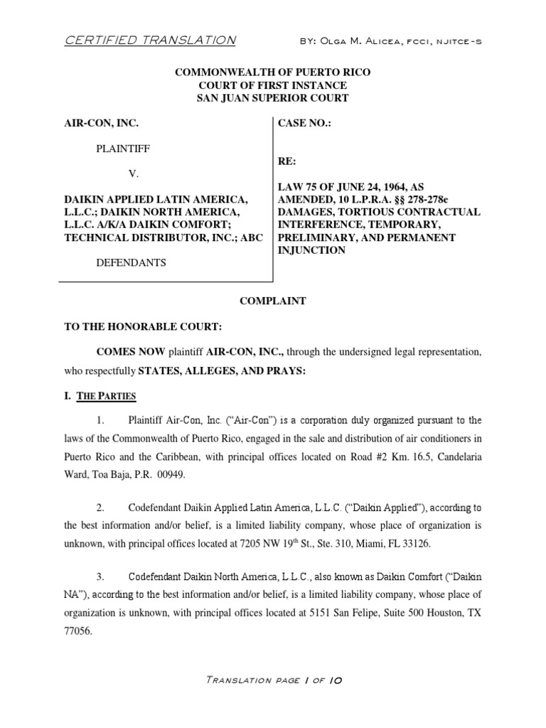 Certified Translation of Puerto Rico Lawsuit Complaint by Air-Con, Inc ...