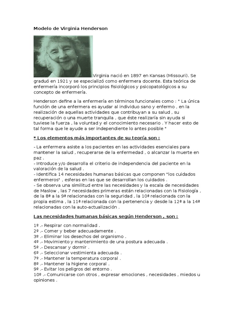 Modelo de Virginia Henderson | PDF | ruiseñor de Florencia | Enfermería