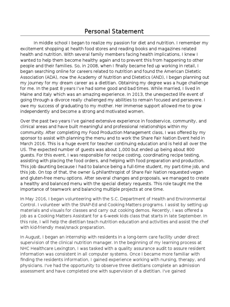 Personal Statement For Internship September Weebly Pdf Dietitian Health Care