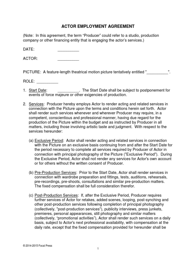 Actor Agreement Redacted | PDF | Assignment (Law) | Royalty Payment